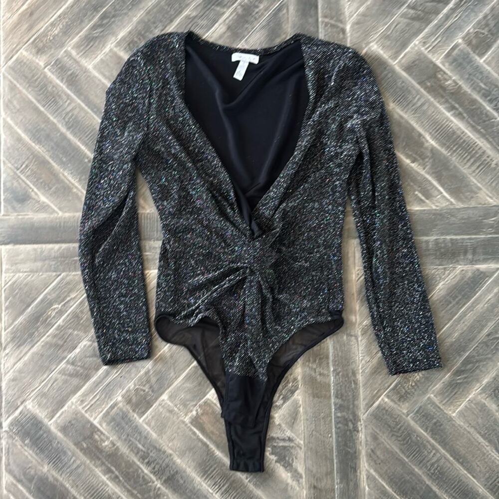 Leith Black Wrap Sparkly Ruched Bodysuit - Size L